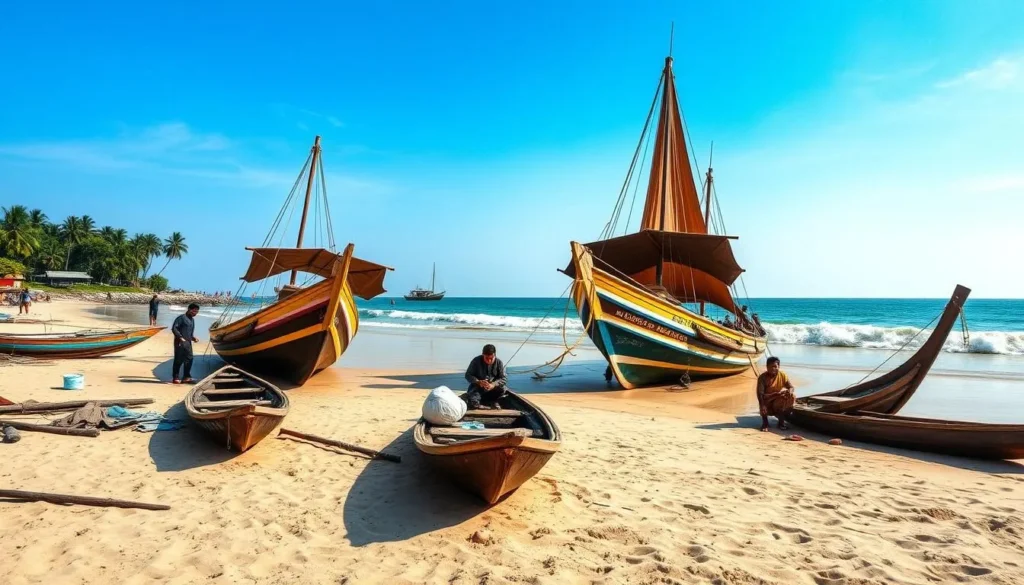 Generate an image of Beypore Beach with traditional shipbuilding activities.