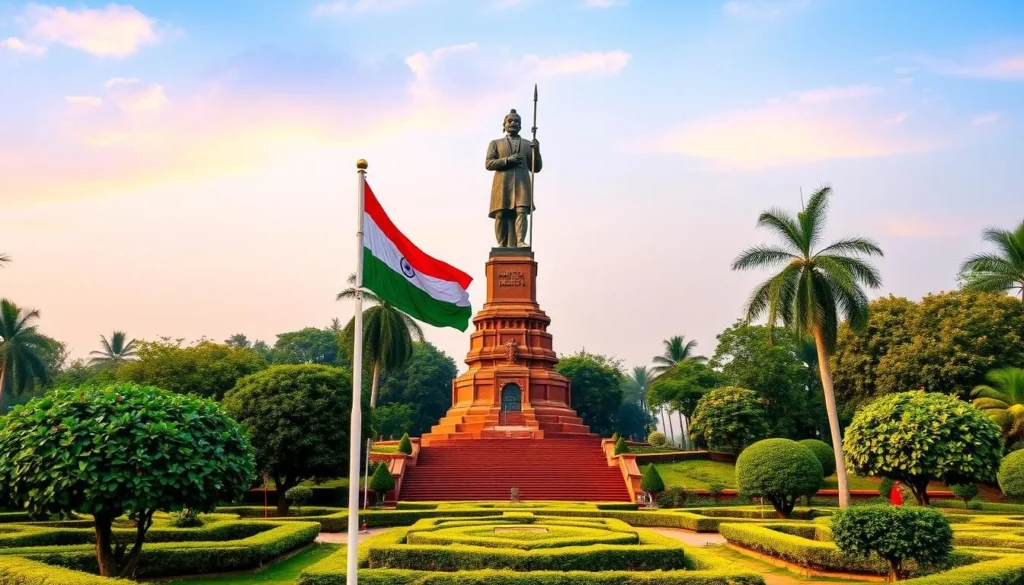 Generate an image of Bhakti Shakti Garden with its towering statue of Chatrapati Shivaji and national flag.