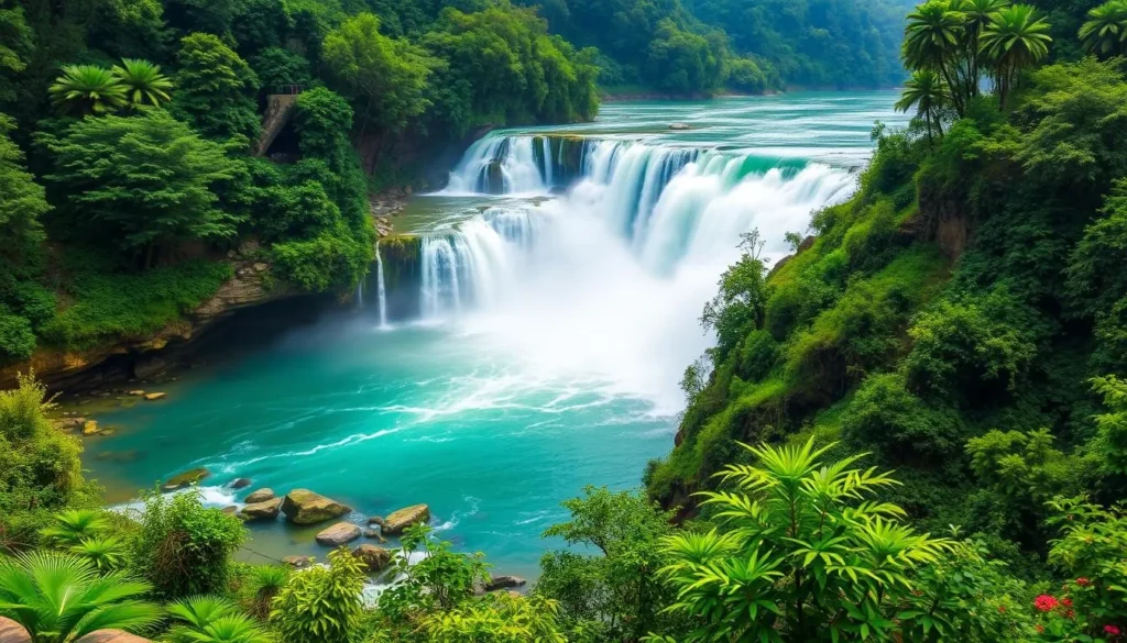 Generate an image of Bhatinda Falls with lush greenery and cascading waters.