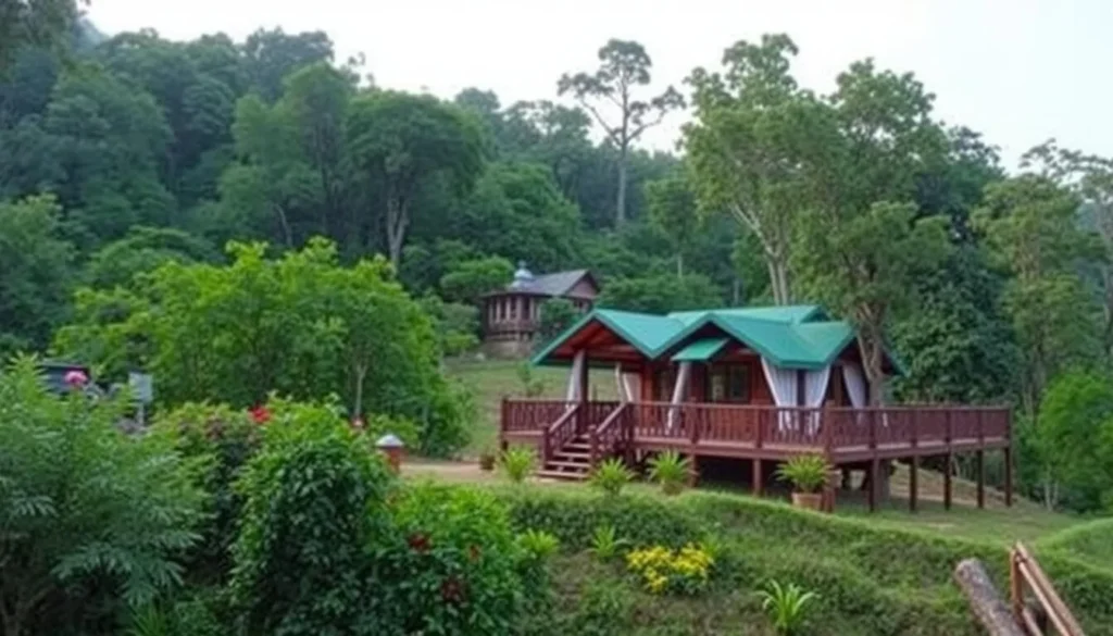 Generate an image of Bhimgad Adventure Camp surrounded by lush greenery and a serene atmosphere.