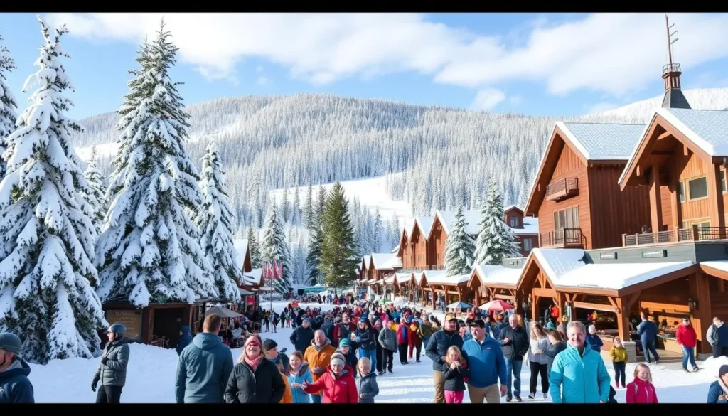 Generate an image of Big White Ski Resort's family-friendly atmosphere, showcasing its snow-covered trees and lively village.