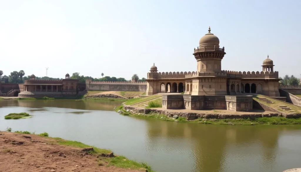 Generate an image of Bijapur Fort with its protective moat and Upli Burj watchtower.