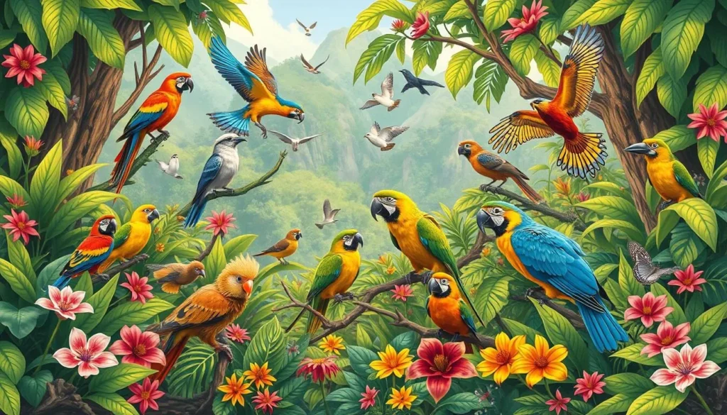 Generate an image of Bird Valley Udyan with diverse bird species and lush greenery.