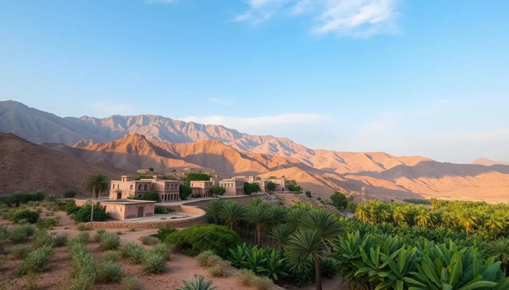 Generate an image of Birkat Al Mouz village nestled in the foothills of the Al-Hajar Mountains, surrounded by lush banana and date palm plantations.