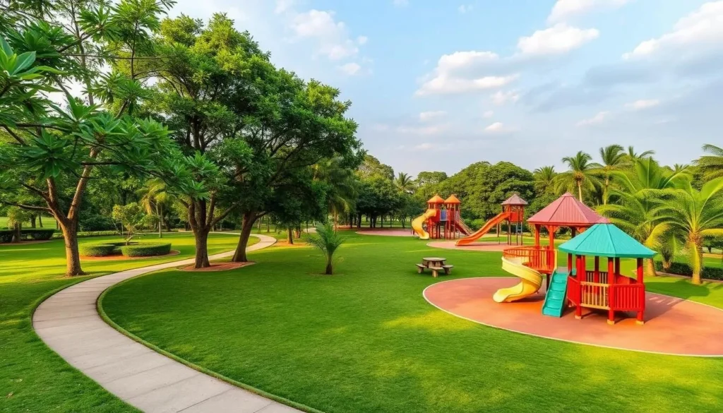 Generate an image of Birsa Munda Park with its lush flora and play areas.