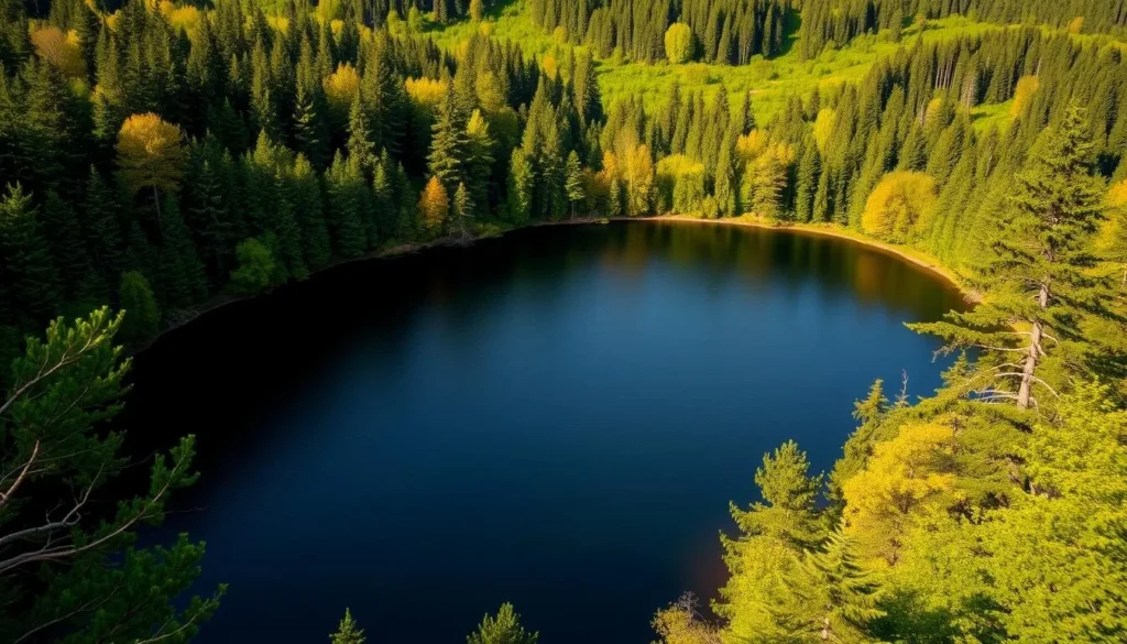 Generate an image of Black Lake in Czechia, showcasing its dark waters surrounded by a lush forest.