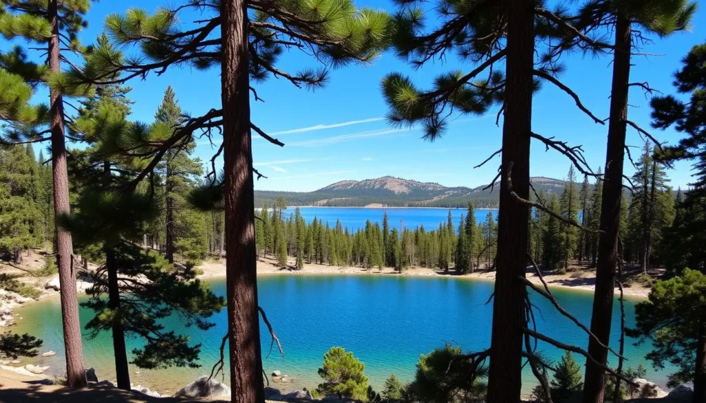 Generate an image of Boiling Springs Lake in Lassen Volcanic National Park, showcasing its vibrant blue-green waters surrounded by tall pine trees.