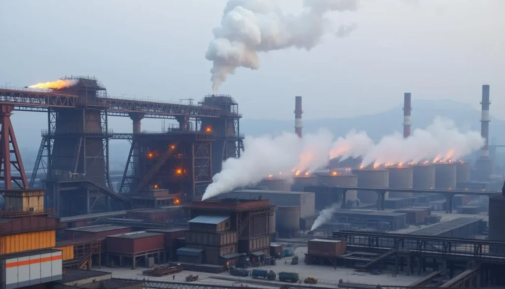 Generate an image of Bokaro Steel Plant's massive infrastructure and blast furnaces in operation.