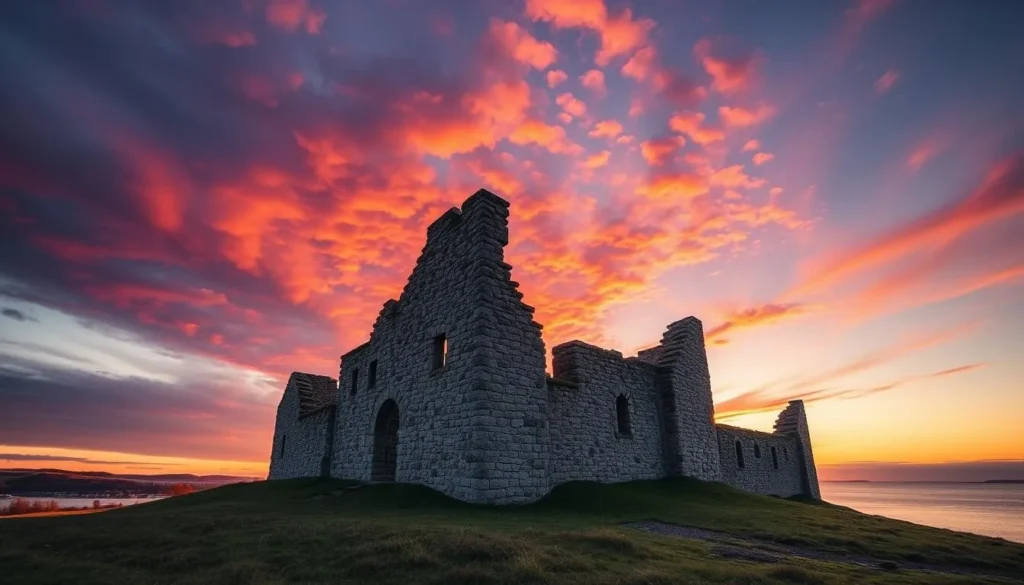 Generate an image of Borgholm Castle ruins on Öland Island, Sweden, during sunset.