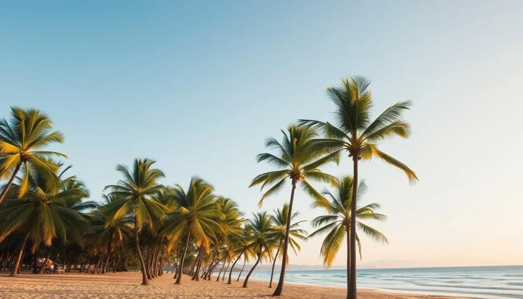 Generate an image of Braamspunt Beach with palm trees and a serene atmosphere.