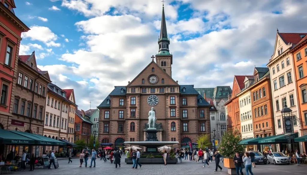 Generate an image of Bragernes Torg, Drammen's largest city square, with its vibrant atmosphere and scenic views.