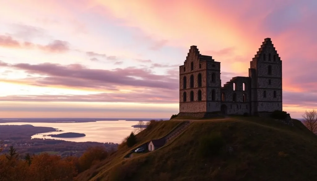 Generate an image of Brahehus Castle ruins overlooking Lake Vättern.