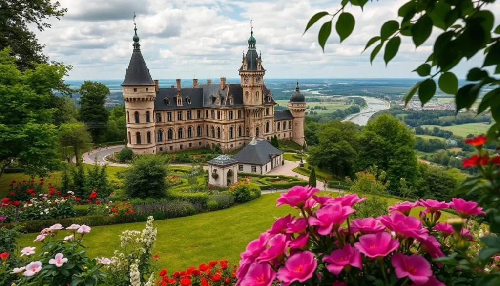 Generate an image of Brandys Castle with its beautifully maintained gardens and the Elbe River valley in the background.