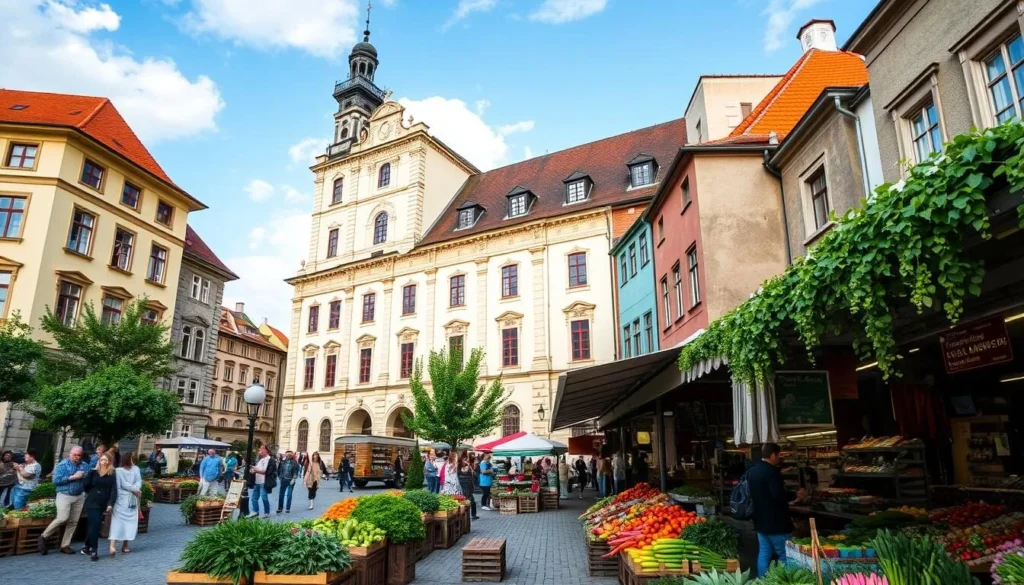Generate an image of Brno's Old Town Hall and Vegetable Market