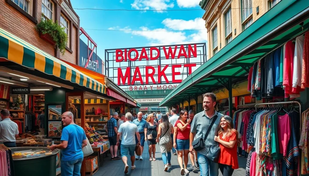 Generate an image of Broadway Market on a Saturday with stalls selling street food and vintage clothing.