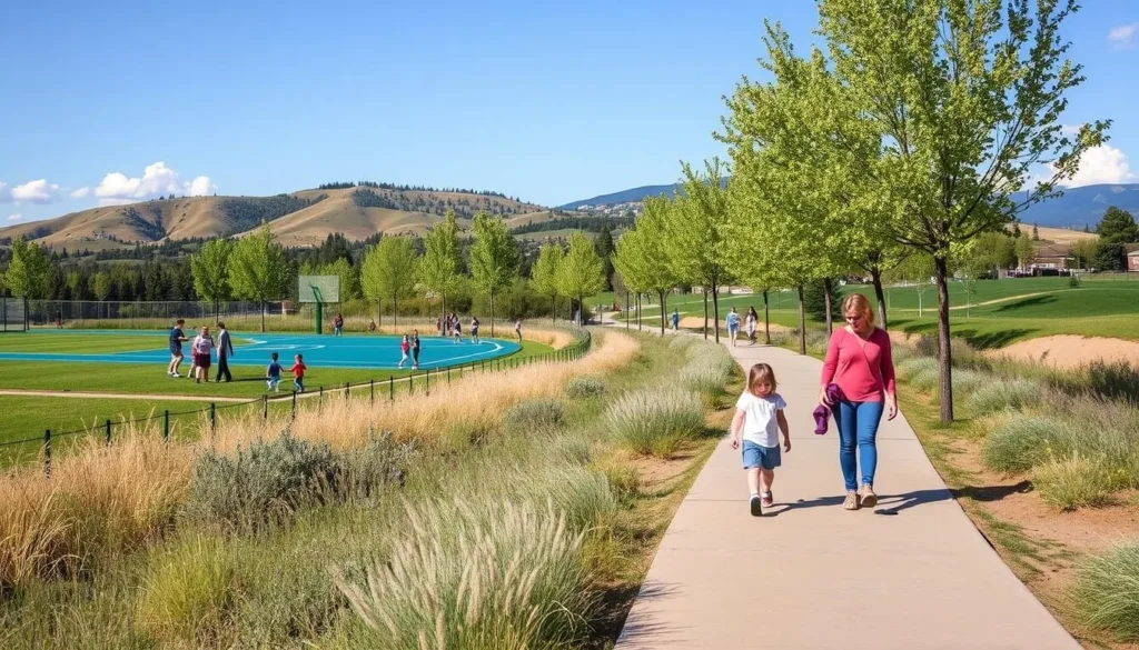 Generate an image of Broomfield County Commons Open Space with families enjoying the sports fields and trails.