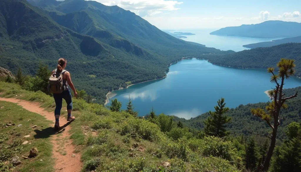 Generate an image of Brownsberg Nature Park with a hiker on a trail and a view of Brokopondo Lake.