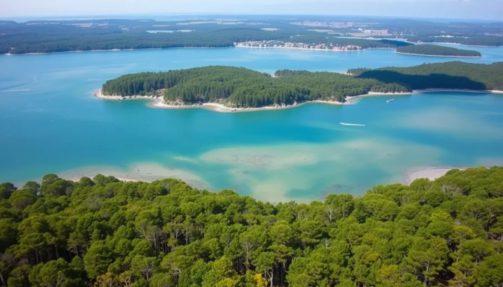 Generate an image of Brownsea Island's serene landscape with a mix of woodland and coastal areas.