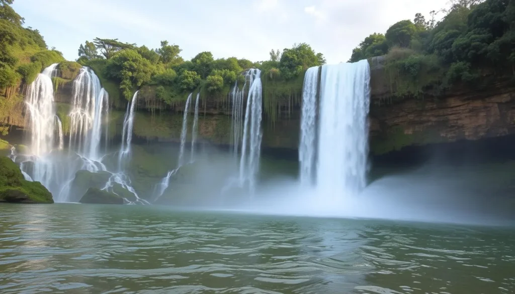 Generate an image of Cachoeira da Fumaça, with the water creating a misty veil that rises into the air.