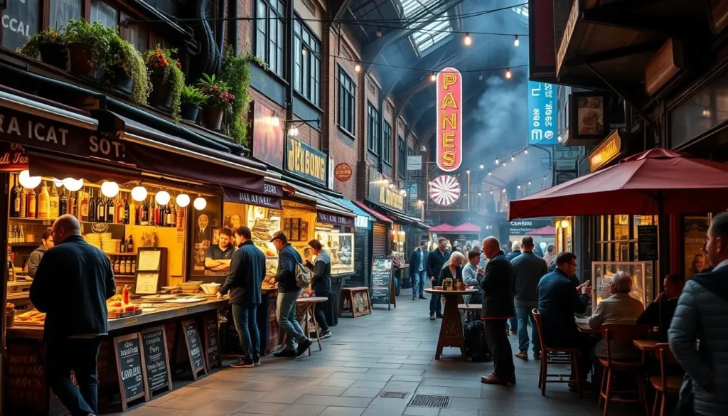 Generate an image of Camden's vibrant food scene with a mix of street food stalls and sit-down restaurants.