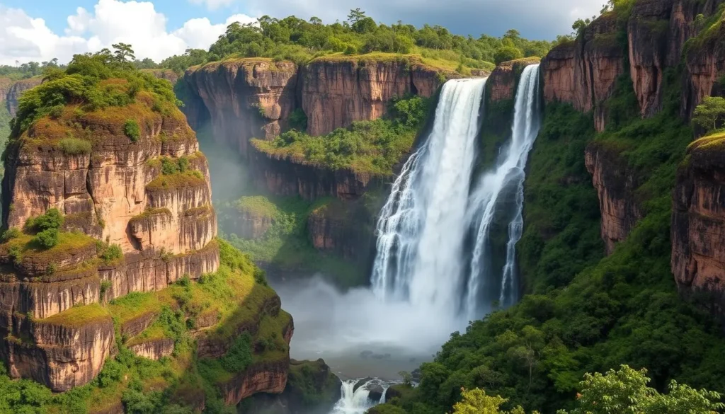 Generate an image of Canaima National Park's iconic tepuis and waterfalls.