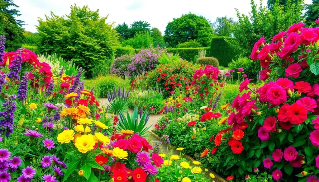 Generate an image of Capel Manor Gardens with vibrant flowers and lush greenery. Generate an image of Capel Manor Gardens with vibrant flowers and lush greenery.