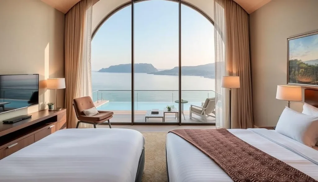 Generate an image of Carmelo Resort & Spa by Hyatt's luxurious rooms with a serene view.