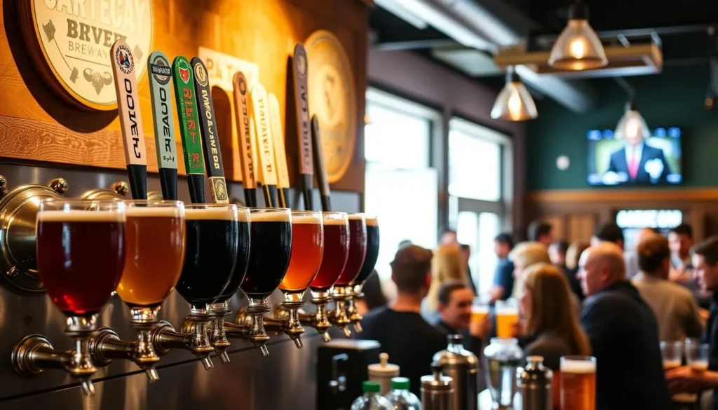 Generate an image of Cartecay River Brewing Company's taproom with a variety of beers on tap.