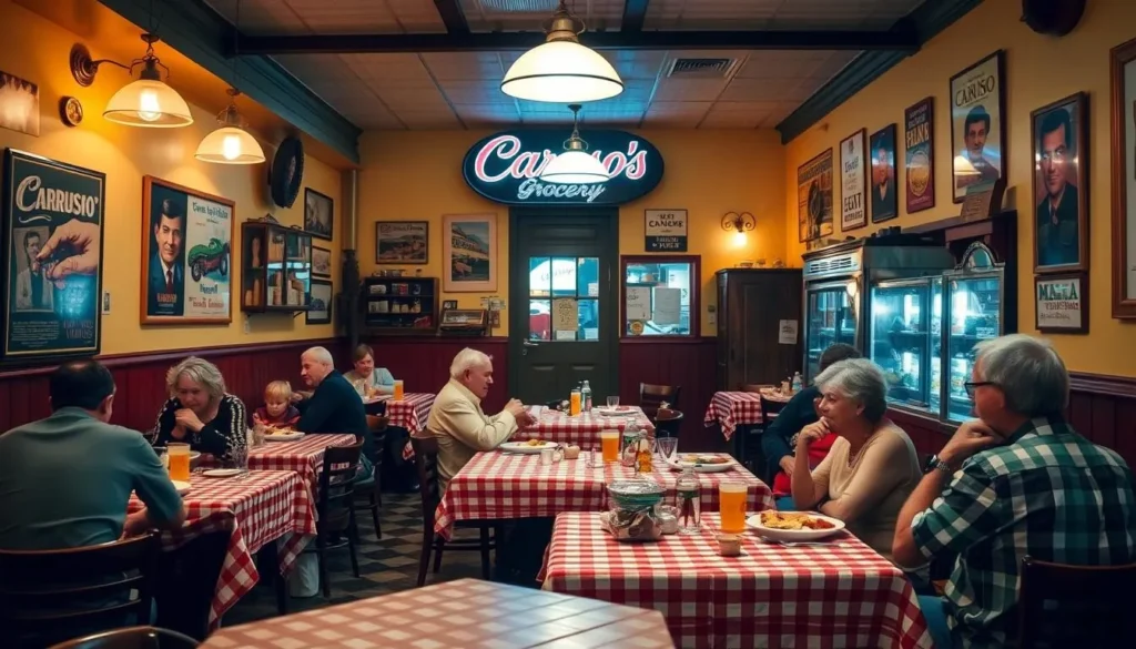 Generate an image of Caruso's Grocery's cozy dining area with traditional Italian-American decor