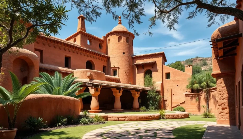 Generate an image of Casa Terracota, showcasing its vast clay structure and unique architecture.