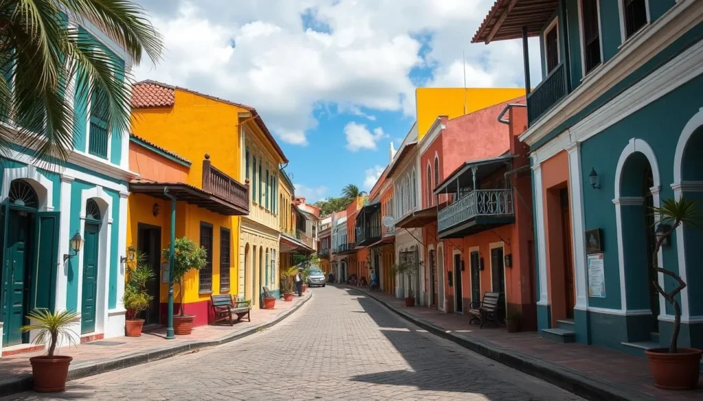 Generate an image of Cayenne's historic center with its vibrant Creole houses and colonial architecture.