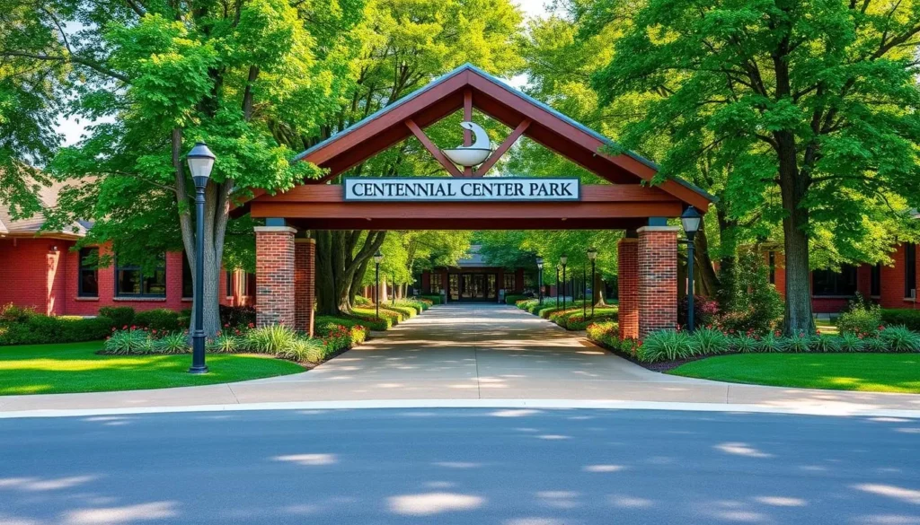 Generate an image of Centennial Center Park's main entrance, showcasing its beautiful landscape and inviting atmosphere.