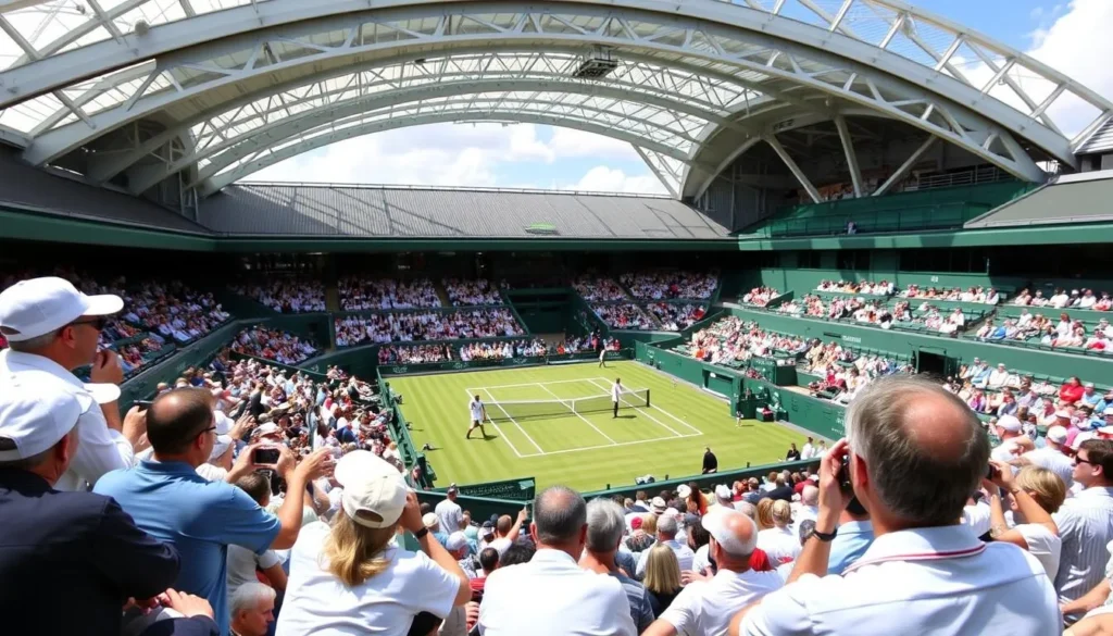 Generate an image of Centre Court at Wimbledon during The Championships.