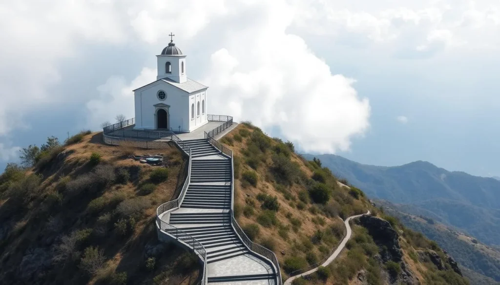 Generate an image of Cerro Santa Apolonia with a white church at the top and stairs leading up to it.