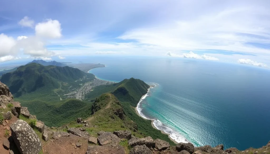 Generate an image of Cerro del Toro in Piriapolis with a panoramic view of the coastline.