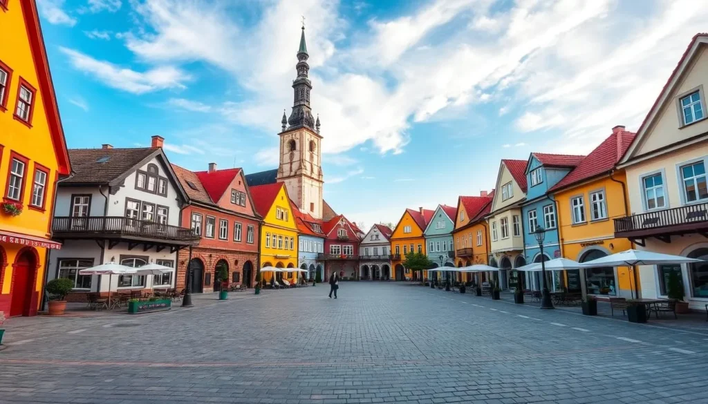 Generate an image of Česká Kamenice town square with colorful buildings and a church tower.