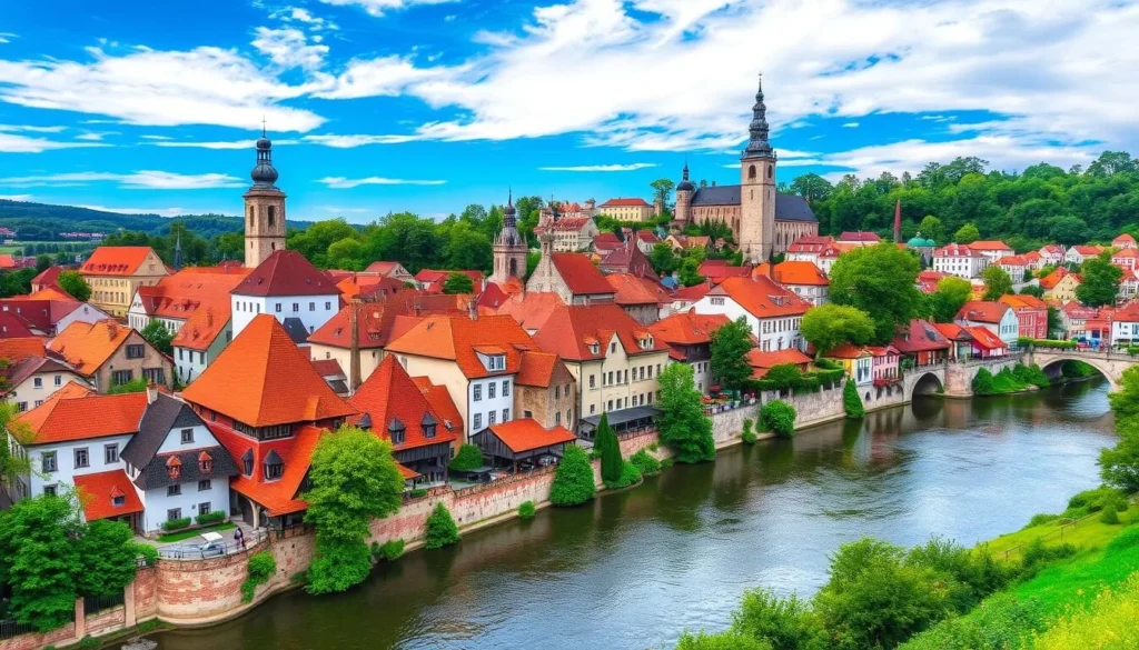 Generate an image of Český Krumlov's historic town center with its red-roofed houses and the Vltava River.
