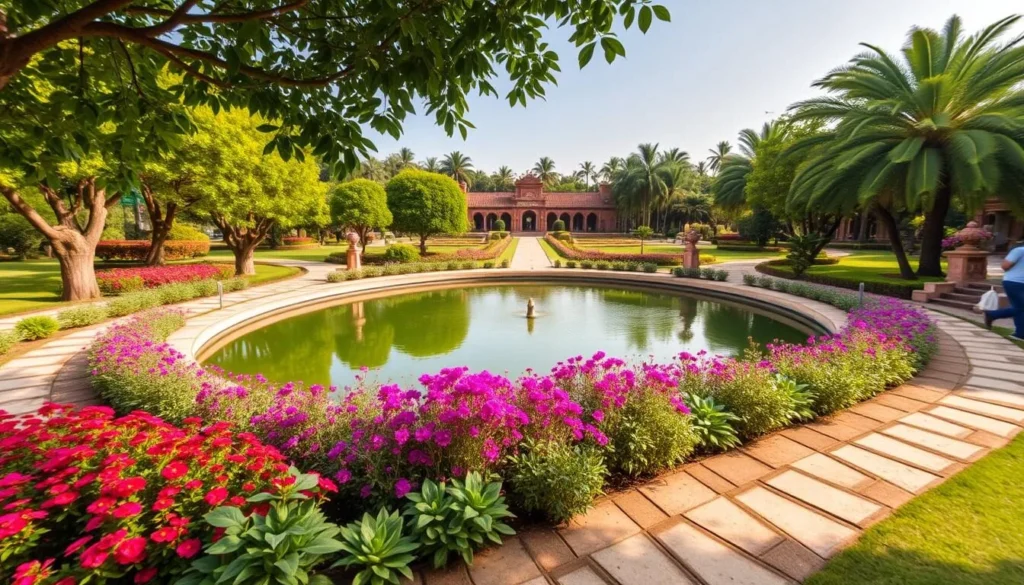 Generate an image of Chambal Garden with its lush greenery and serene pond.