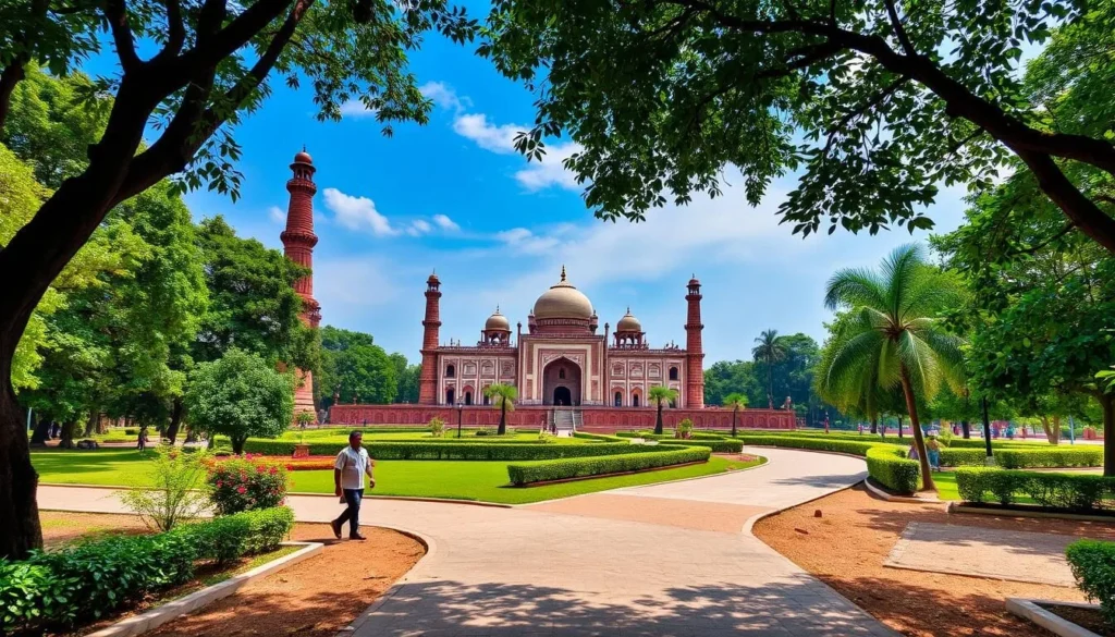 Generate an image of Chandrashekhar Azad Park with its lush greenery and historical monuments.