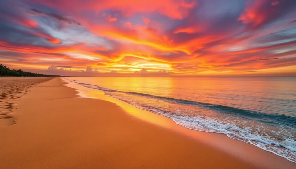 Generate an image of Chavakkad Beach with golden sands and a stunning sunset view.