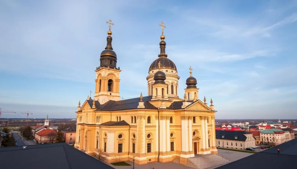 Generate an image of Christ's Resurrection Basilica in Kaunas, Lithuania, with its impressive architecture and rooftop views.