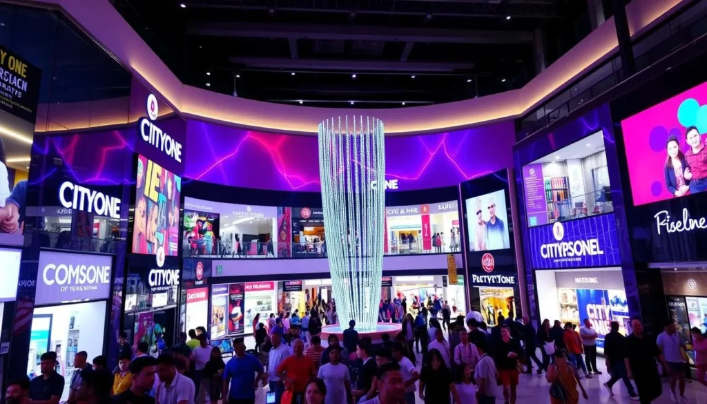 Generate an image of City One Mall in Pimpri, with a bustling atmosphere and a variety of stores.