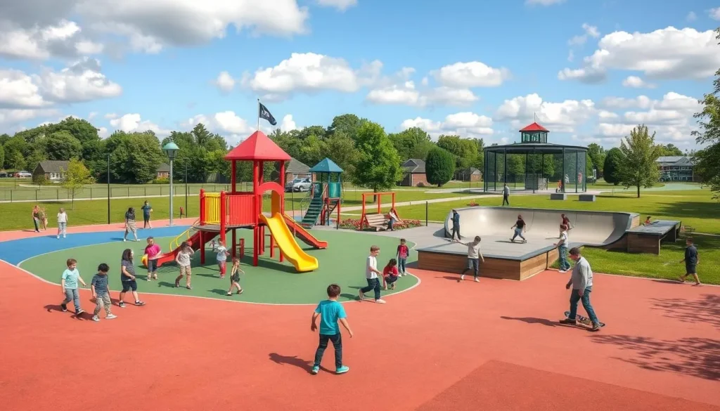Generate an image of Colham Green Recreation Ground with its playground and skate park facilities.