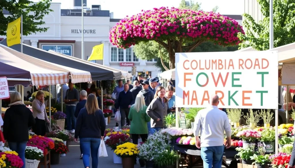 Generate an image of Columbia Road Flower Market on a Sunday with vendors selling flowers and plants.
