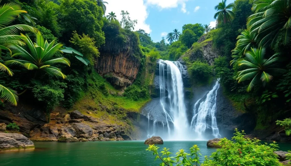 Generate an image of Courtallam Falls with lush greenery surrounding it.