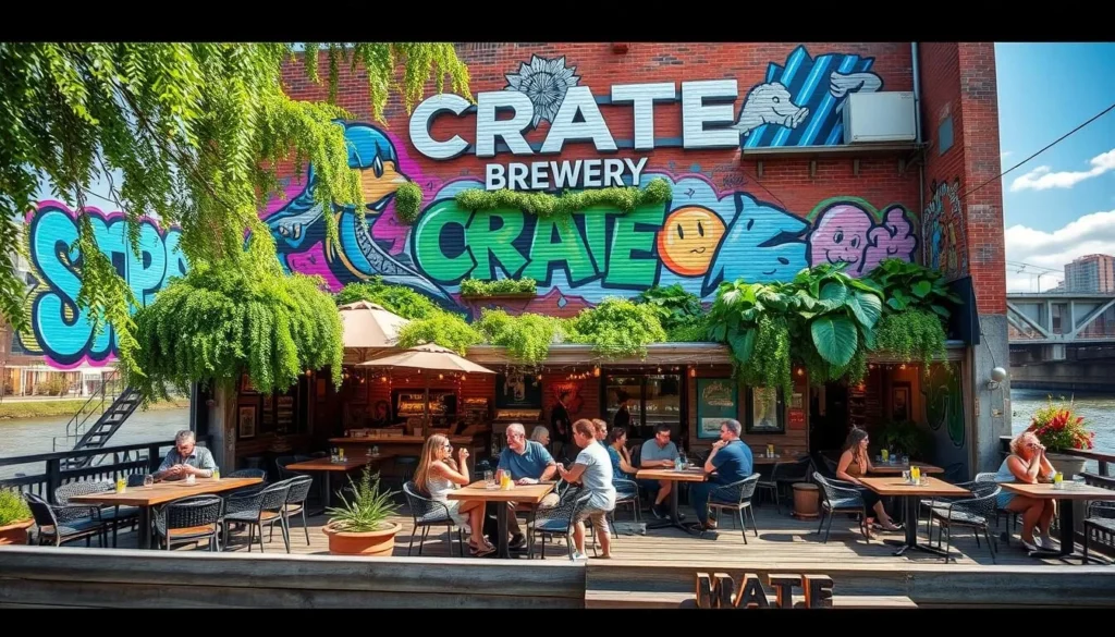 Generate an image of Crate Brewery's riverside beer garden with street art in the background.
