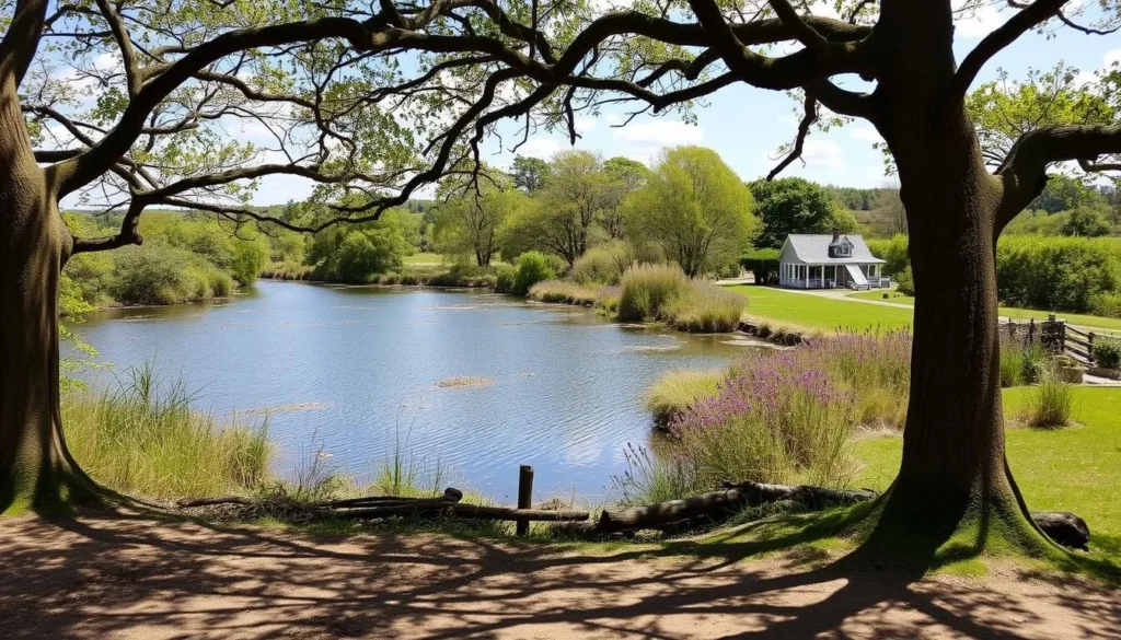 Generate an image of Cudmore Grove Country Park on Mersea Island, showcasing its diverse landscapes and historical sites.