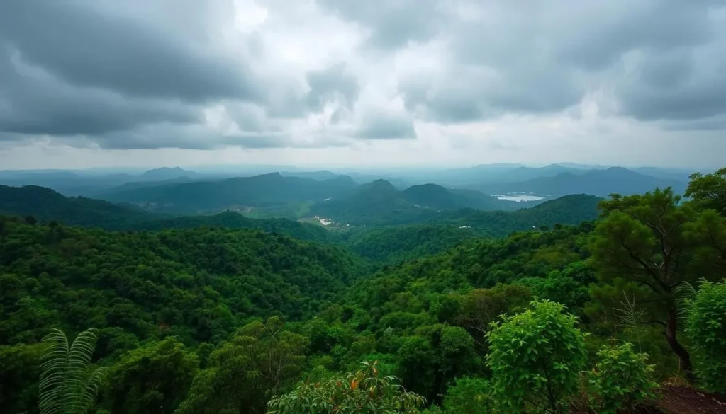 Generate an image of Dandoba Hills during monsoon, showcasing lush greenery and panoramic views.