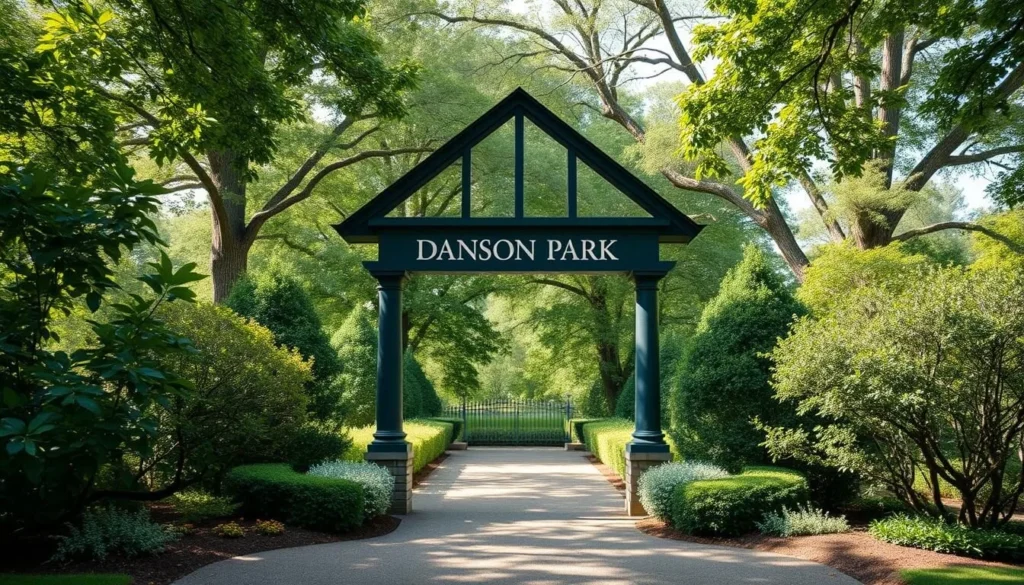 Generate an image of Danson Park's main entrance, showcasing its beautiful gardens and serene atmosphere.