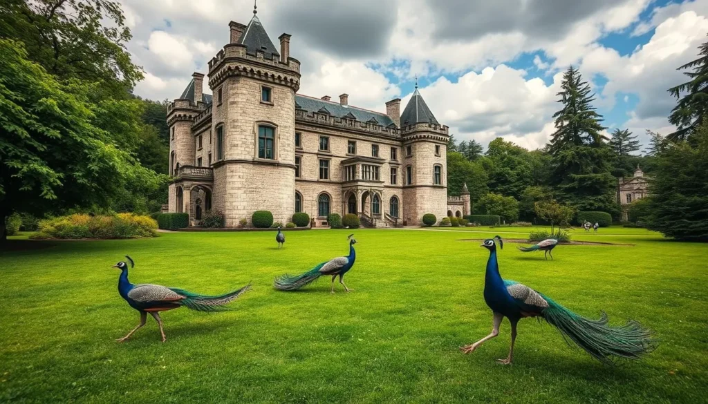 Generate an image of Decin Castle with its resident peacocks roaming the grounds.
